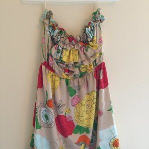 Floral Tan Strapless Judith March Dress with Ruffles